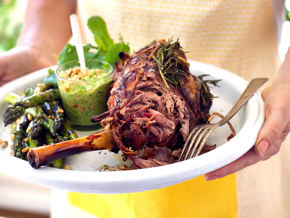 Slow-roasted lamb shoulder with minted pea pesto