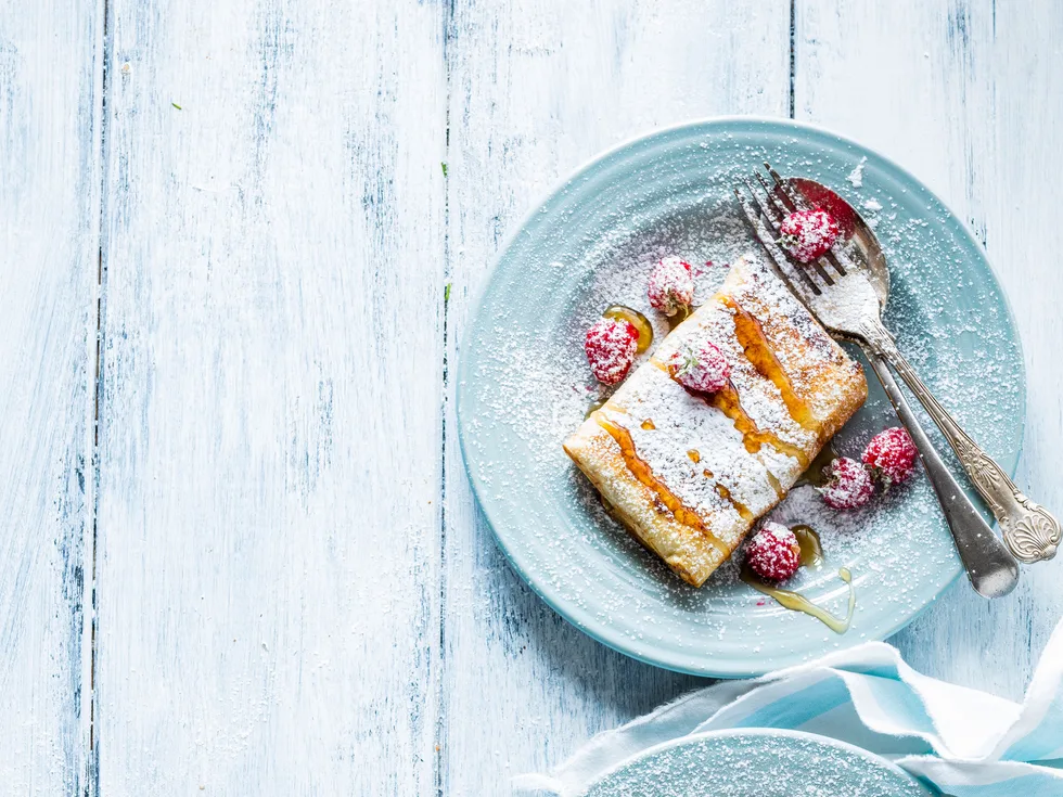 French toasted apple and raspberry tortilla parcels