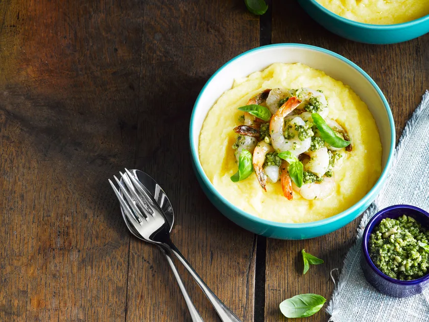Creamy, soft polenta with prawns and pesto