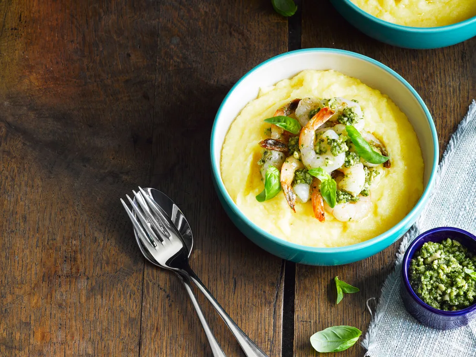 Creamy, soft polenta with prawns and pesto