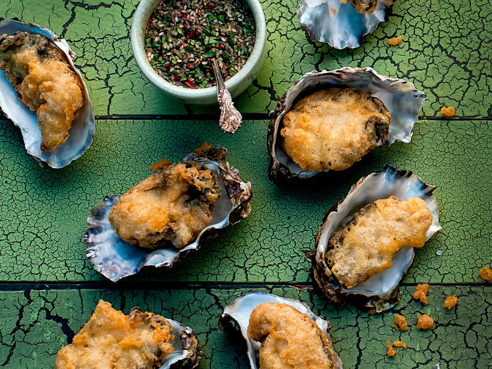 Tempura oysters with lime and coriander dipping sauce