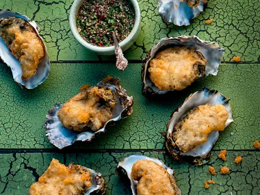 Tempura oysters with lime and coriander dipping sauce