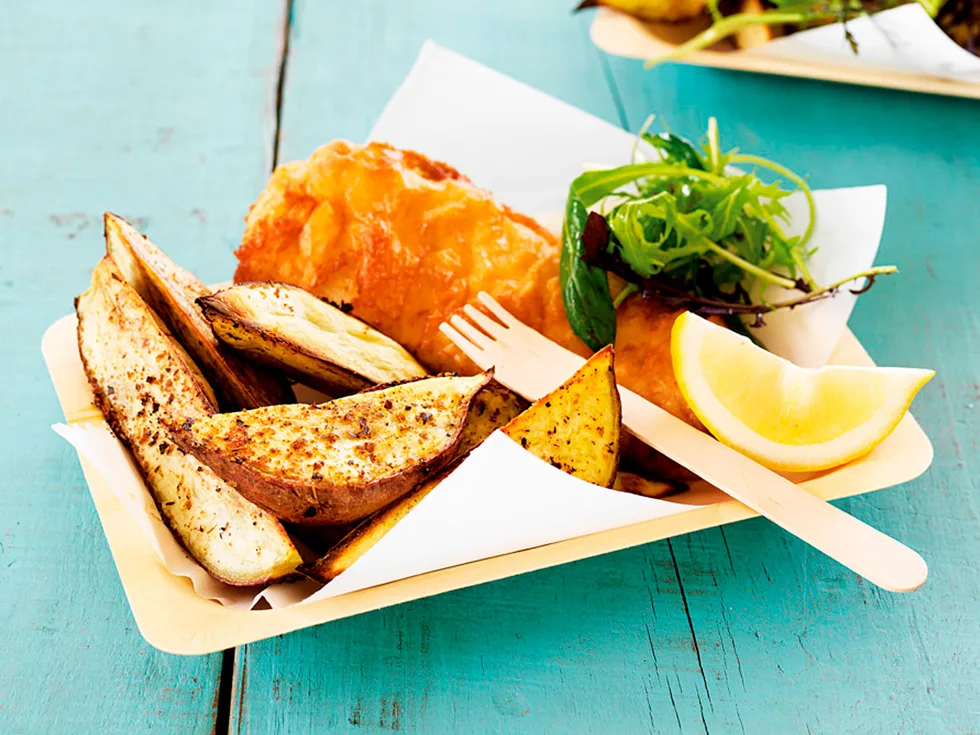 Cider-battered fish with spicy kumara wedges