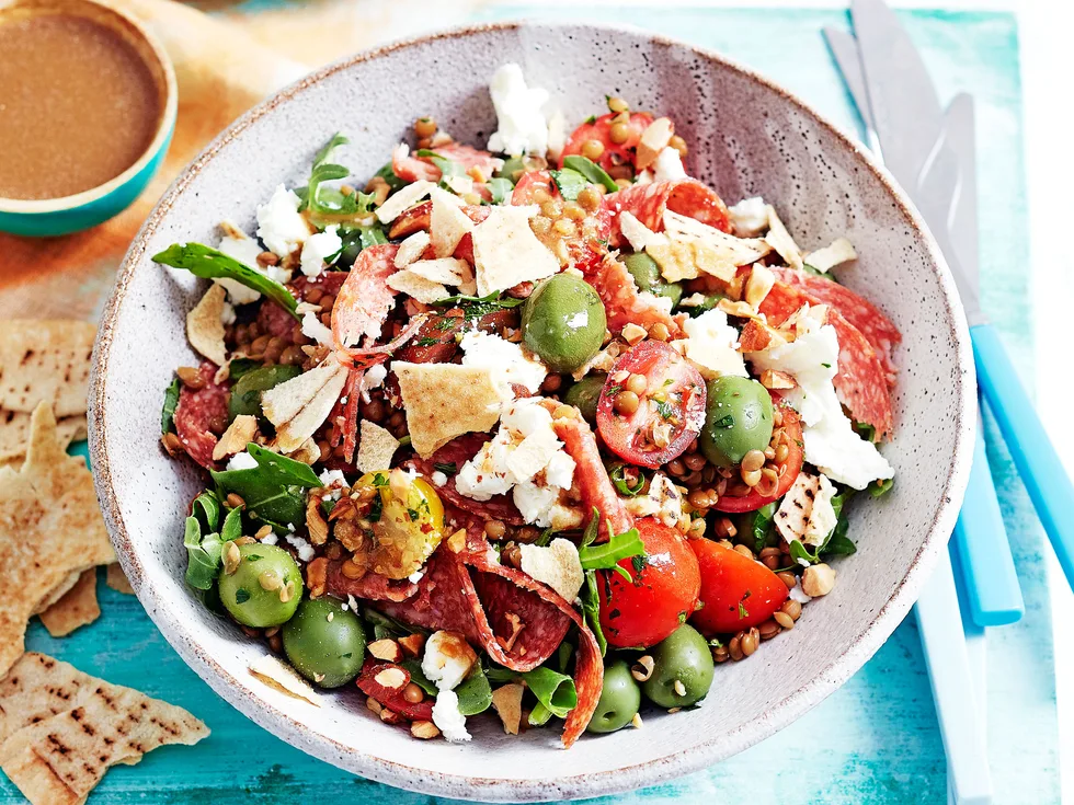 Salami, lentil and heirloom tomato fattoush