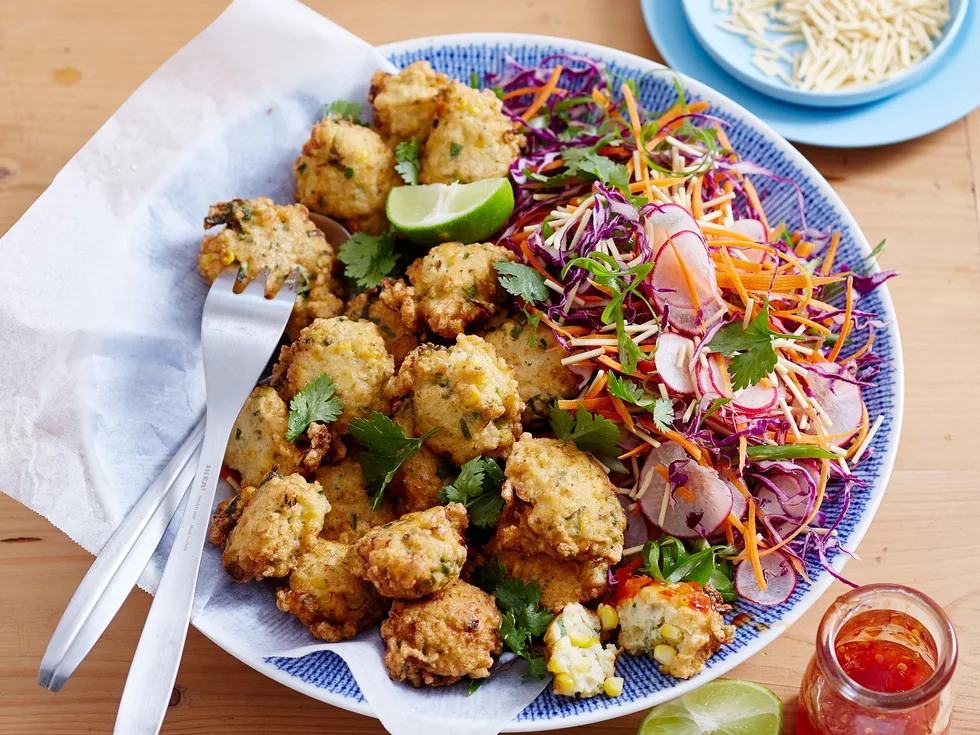 Corn and prawn fritters with Asian salad