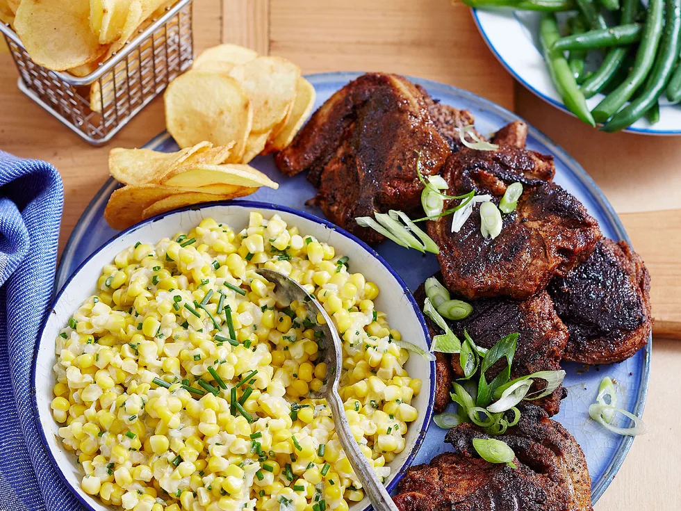 Barbecued lamb with creamed corn