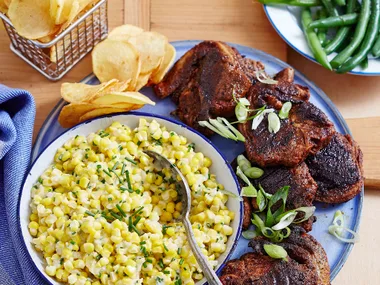 Barbecued lamb with creamed corn