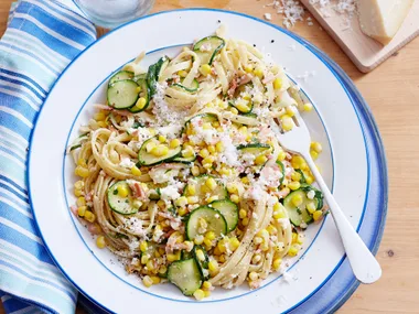 Corn, bacon and zucchini fettuccine