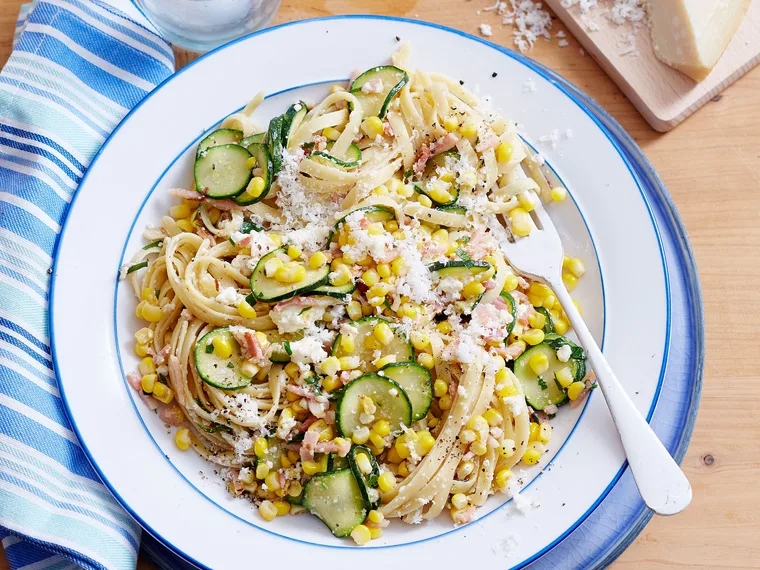 Corn, bacon and zucchini fettuccine