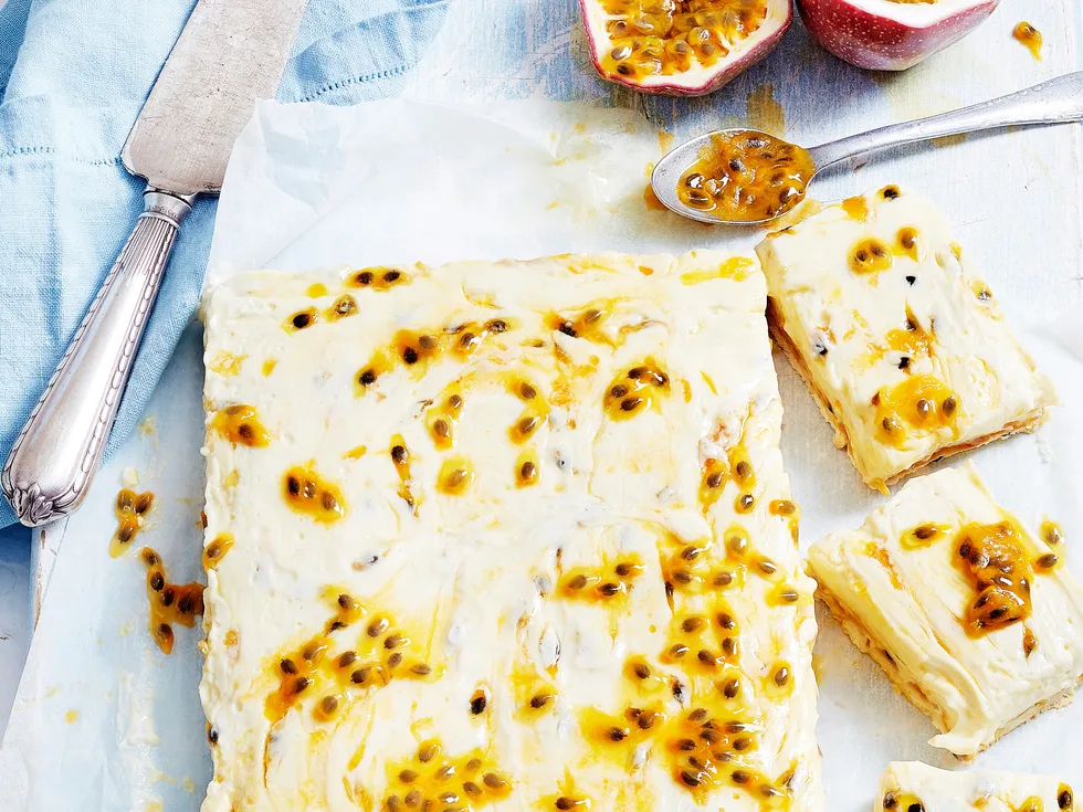 Passionfruit swirl cheesecake slice