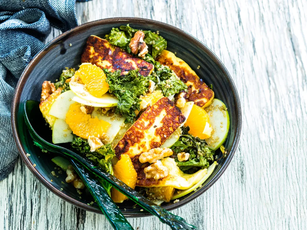 Grilled haloumi, kale, orange and apple salad