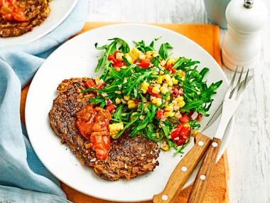 Char-grilled steak with corn and rocket salad