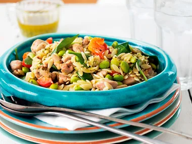Warm chicken, edamame and orzo salad with pesto dressing