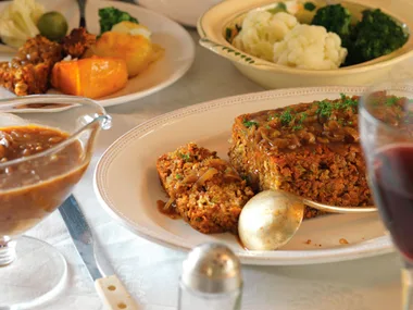 Roasted almond and lentil loaf with caramelised onion gravy