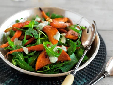 Roast Pumpkin and baby carrot salad with coriander tahini dressing