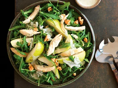 Shredded chicken, rocket and walnut salad with blue cheese dressing