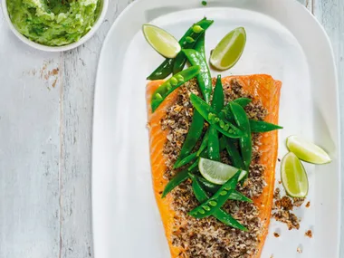 Baked salmon with LSA crust and pea and wasabi purée