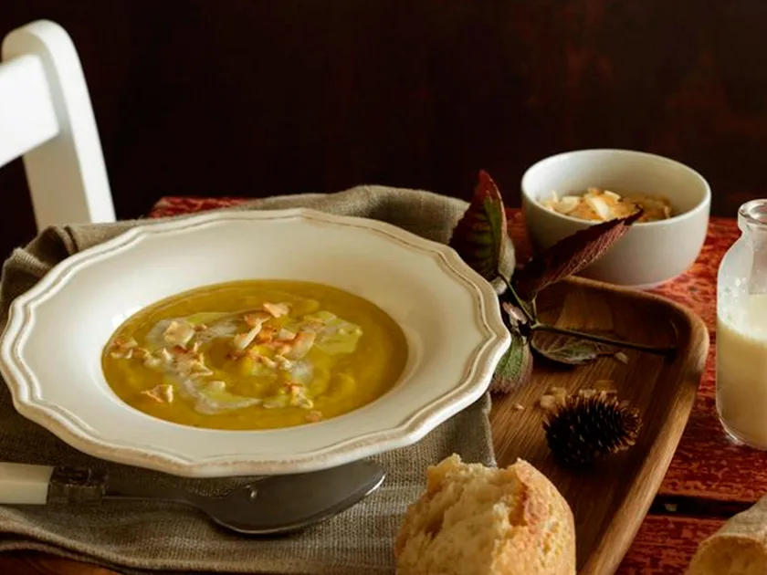 Creamy gingered kumara soup with toasted coconut