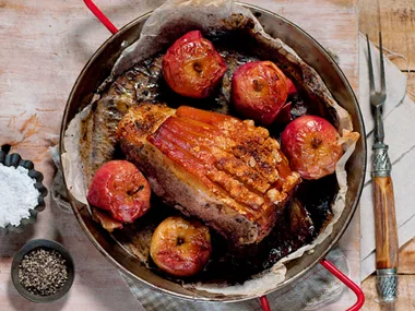 Cumin, coriander and fennel pork roast with baked apples