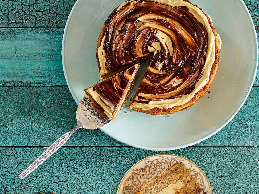 Espresso cake with caramel cream cheese icing and dark chocolate