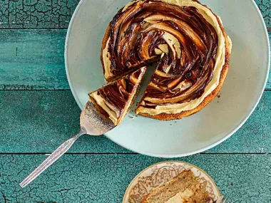 Espresso cake with caramel cream cheese icing and dark chocolate