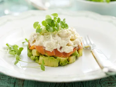 Crab, salmon and avocado stacks
