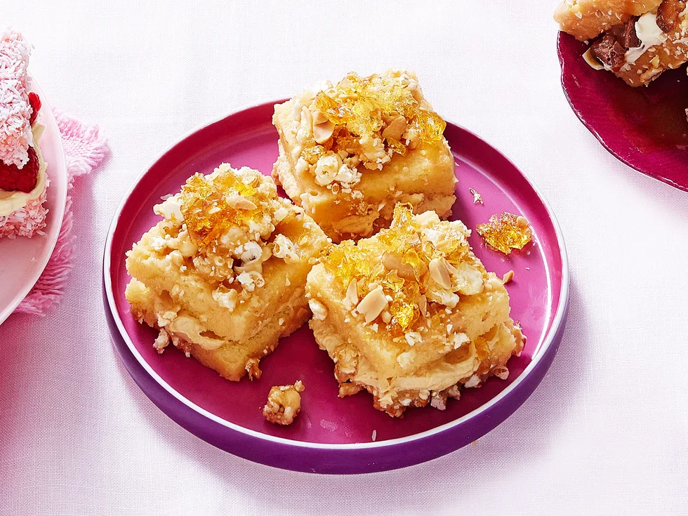 Peanut butter toffee popcorn lamingtons