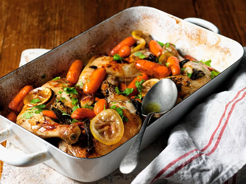 Lemon, garlic and balsamic roast chicken with baby carrots