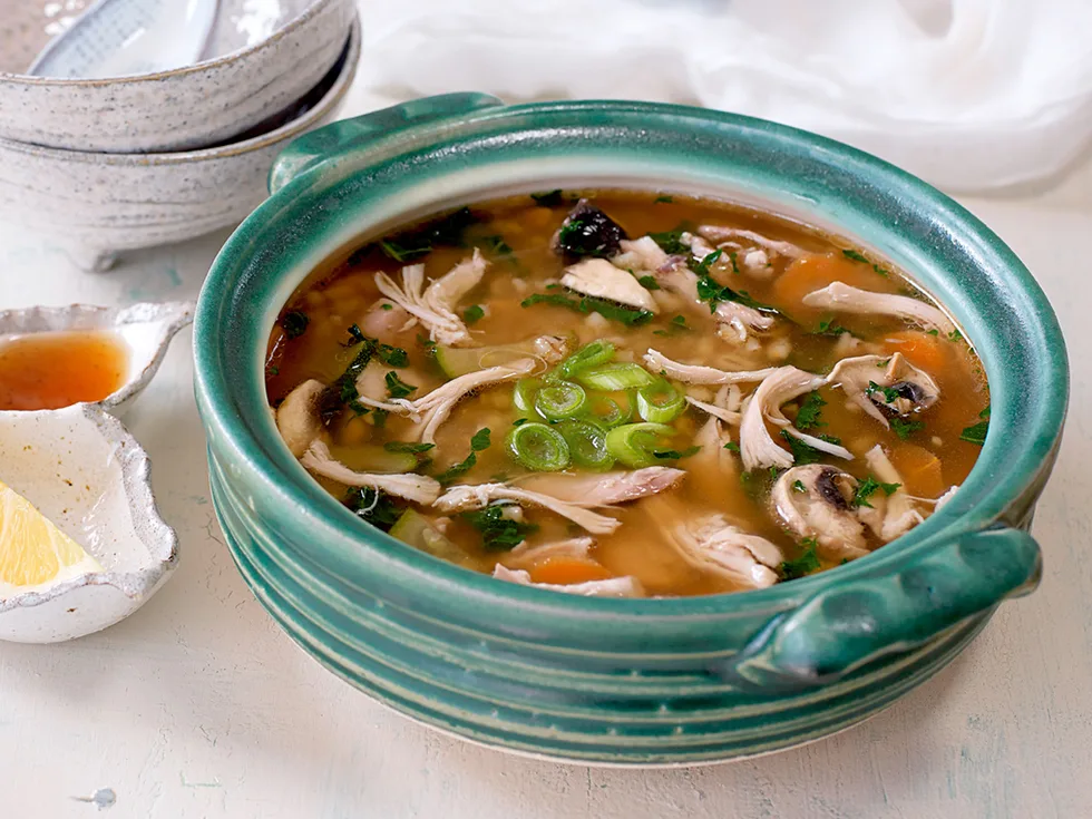 Miso broth with chicken, barley and vegetables
