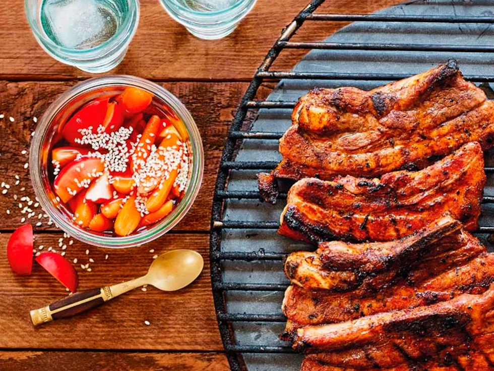 Southern-style sticky pork slices with quick pickles