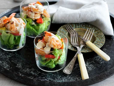 Spicy prawns with lemon tahini dressing