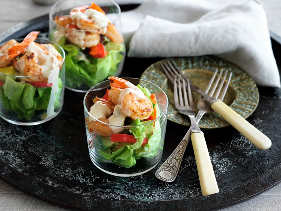Spicy prawns with lemon tahini dressing
