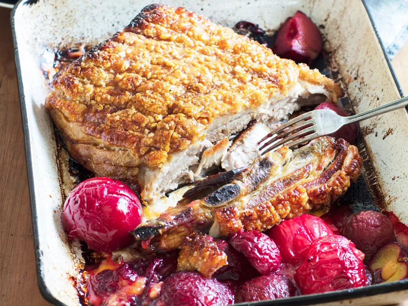 Roast pork belly and plums