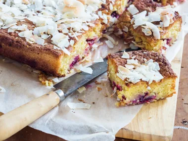 Plum and coconut vanilla cake