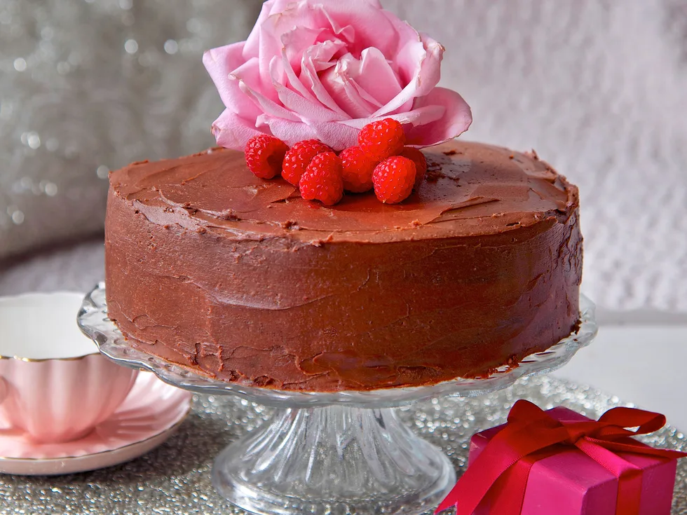 Chocolate layer cake with raspberries