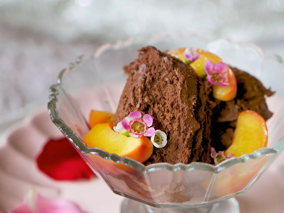 Chocolate mousse with poached peaches