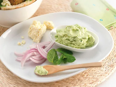Avocado and minted pea spread with falafel pita pockets