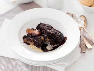 Chocolate and pear pudding with chocolate sauce