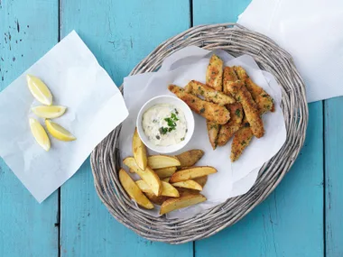 Crumbed gurnard with fries and caper mayonnaise