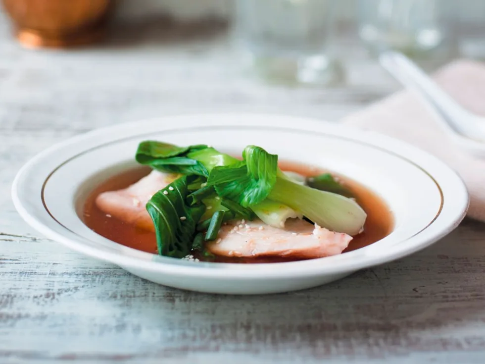 French press ginger broth with tarakihi