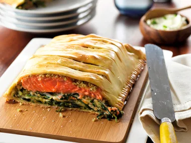 Fresh salmon and creamy leek strudel
