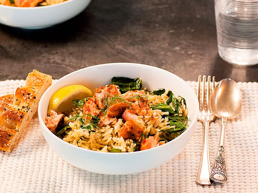 Hot smoked salmon, lemon and spinach pilaf