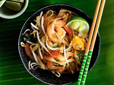 Malaysian-style rice noodles with prawns and garlic chives