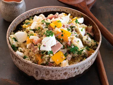 Quinoa, ham and feta salad with Ssun-dried tomato dressing