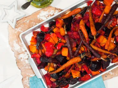 Red roasted vegetables with salsa verde