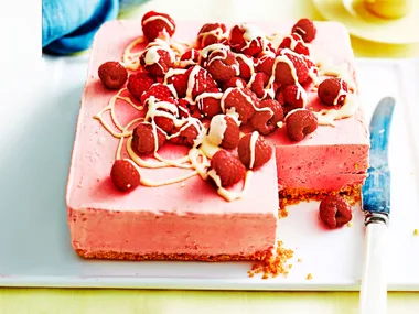 Raspberry and white chocolate frozen cheesecake