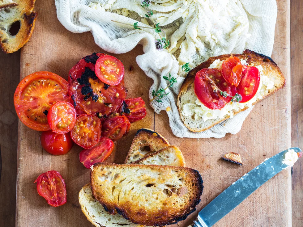 Slow-roasted thyme tomatoes with homemade ricotta