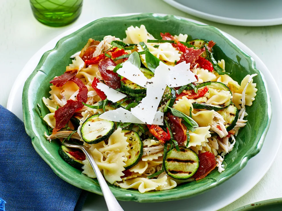 Char-grilled courgette and chicken pasta