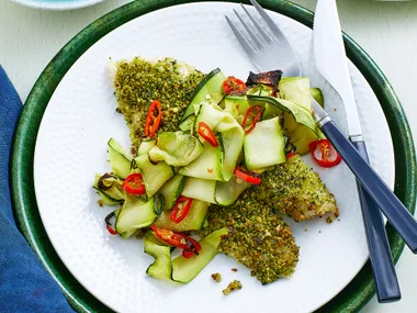 Baked herbed fish and courgettes