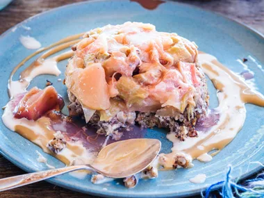 Apple and rhubarb upside-down crumbles